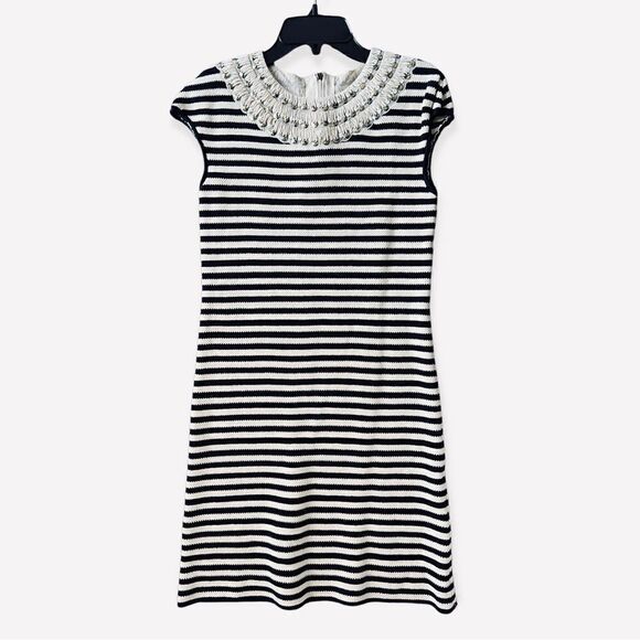Tory Burch Dark Navy and Beige Striped Dress, Embellished Neck Line Trim - Picture 1 of 5